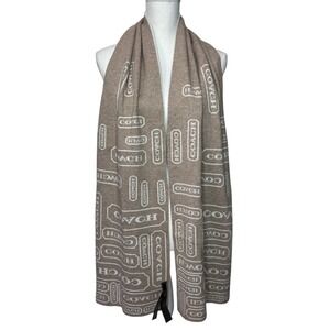 Coach Reversible Logo Scarf Beige‎ Ivory Wool Angora Cashmere Blend 72" x 13.5"